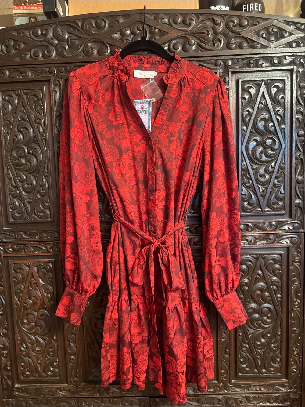 NWT Taelynn Tie-Waist Red Floral Long-Sleeve Dress